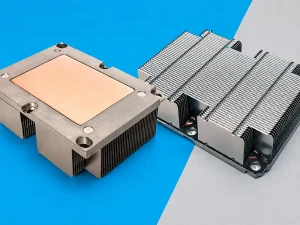 Metal heat sink cooling modules with copper base plates and dense fins for electronic components