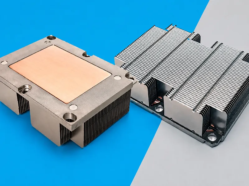 Metal heat sink cooling modules with copper base plates and dense fins for electronic components