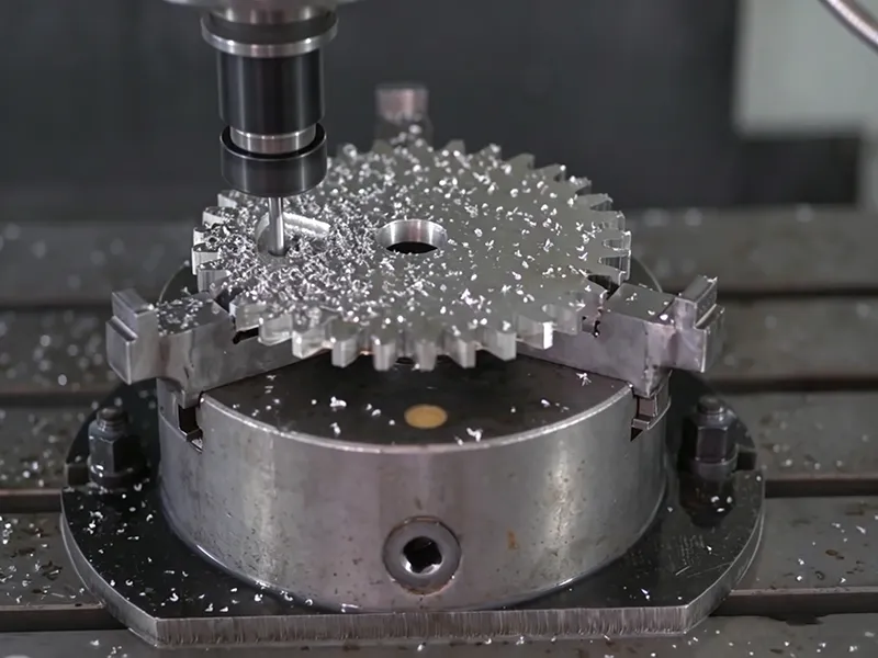 Milling machine operation cutting a metal gear part with chips around the tool