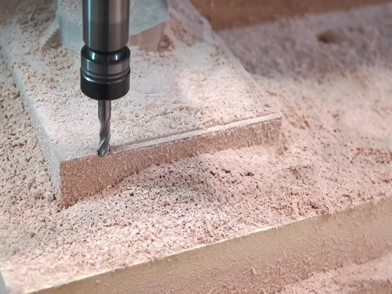 Milling machine cutting wood material with a rotating tool