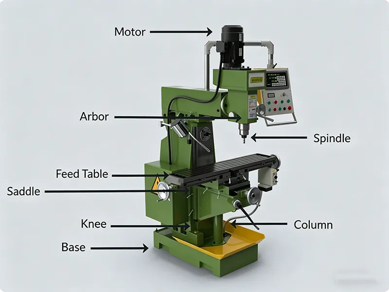 Milling machine parts diagram showing motor spindle column table and base