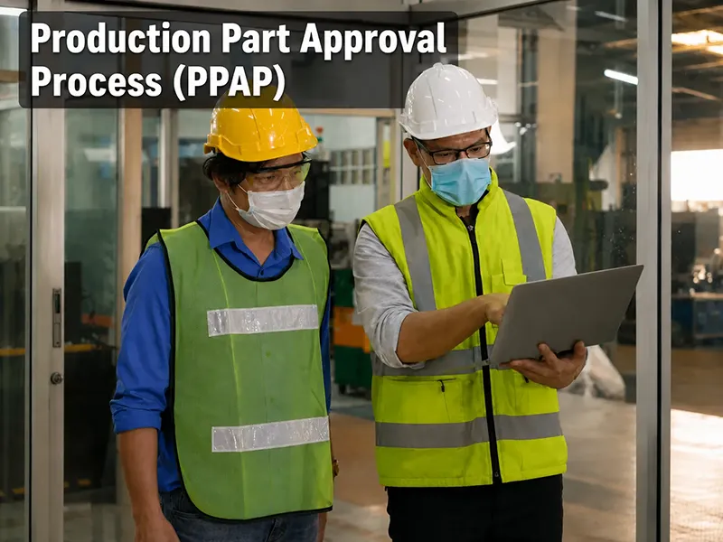 Production Part Approval Process PPAP review with manufacturing engineers checking approval documents