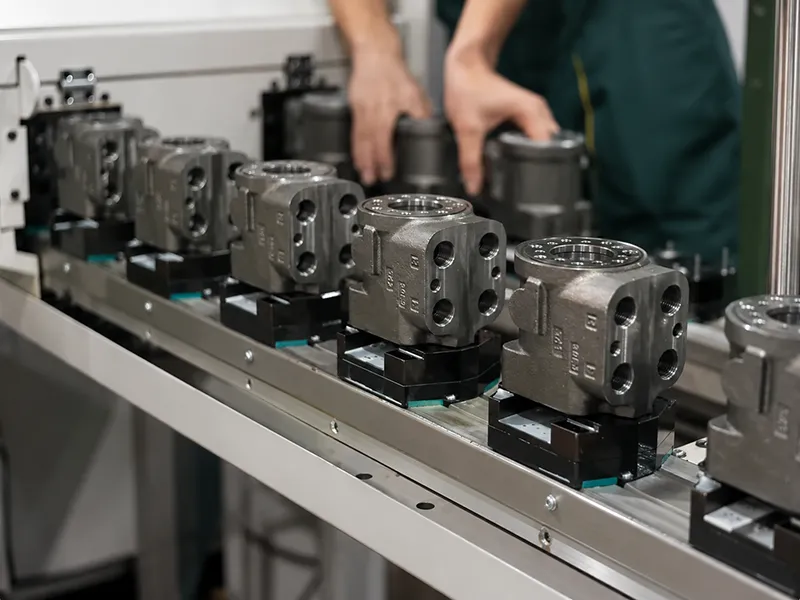 Production parts arranged on an inspection line for quality control before approval