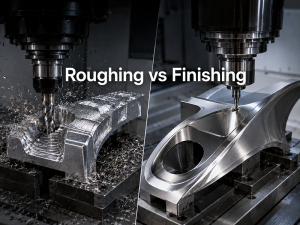 Roughing vs finishing in machining comparison showing CNC milling rough cuts and smooth finished surfaces