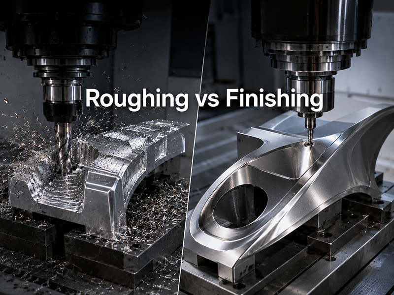 Roughing vs finishing in machining comparison showing CNC milling rough cuts and smooth finished surfaces