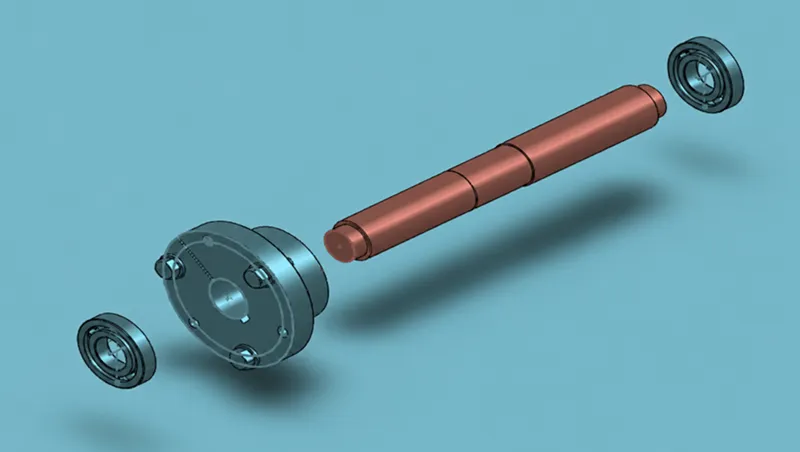 Exploded view of a shaft and bearing assembly with housing components