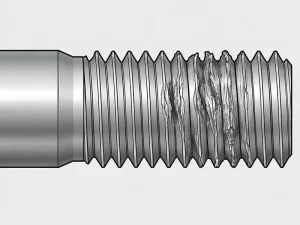 Thread galling damage on a metal bolt with torn and roughened thread surfaces