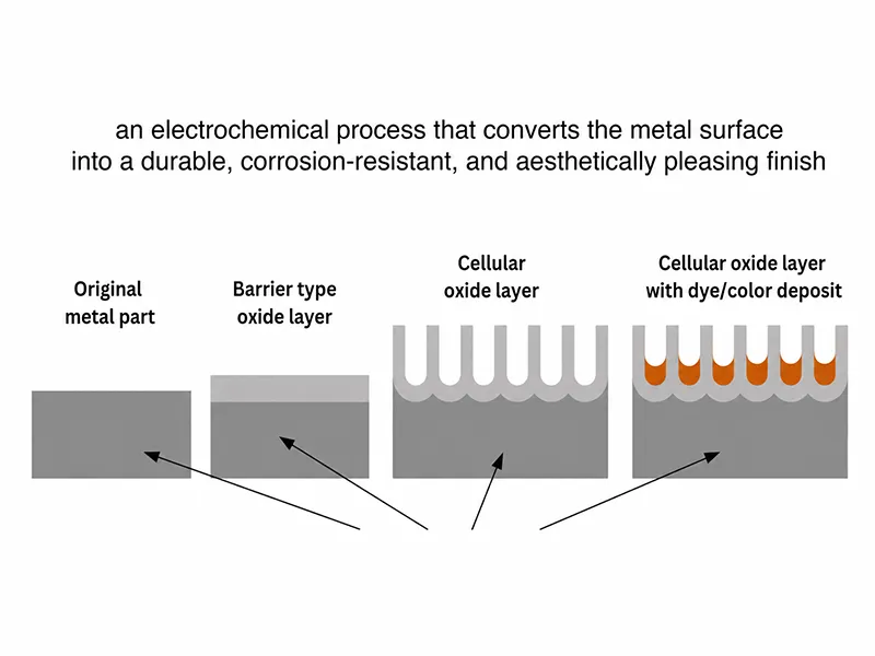 What is anodizing process diagram showing oxide layer formation and color deposit