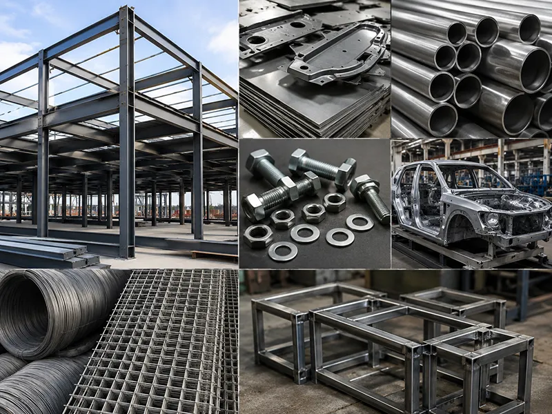What is mild steel showing common applications including structures, pipes, fasteners, and automotive parts