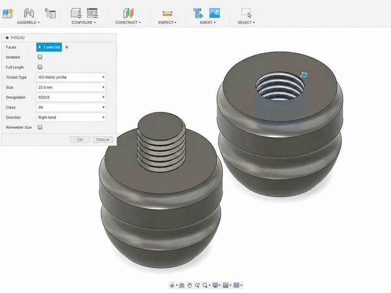 CAD model showing internal and external thread design for machined parts