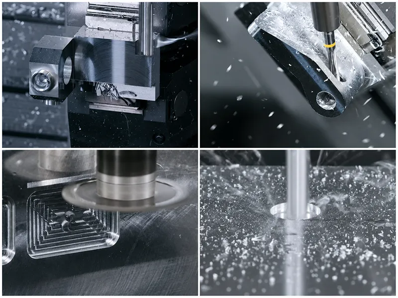 CNC machining process collage showing milling, drilling, and metal cutting operations