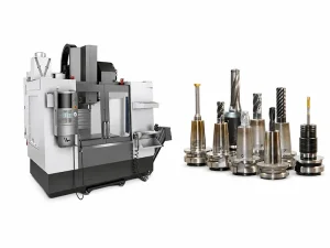 CNC milling machine with various milling cutters and tool holders