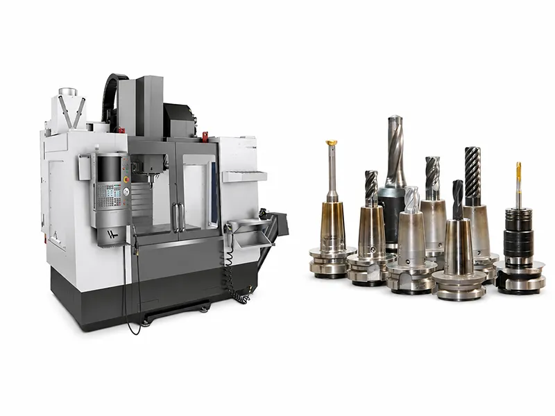 CNC milling machine with various milling cutters and tool holders