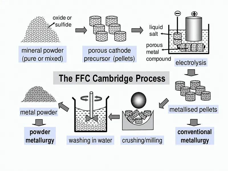 FFC Cambridge process diagram for producing metal from oxide or sulfide powder