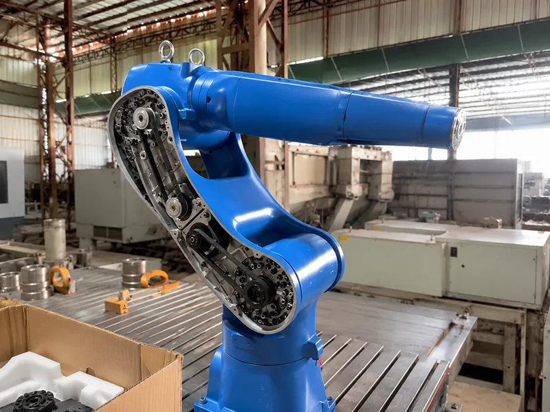 Blue industrial robot arm used in automated manufacturing workshop