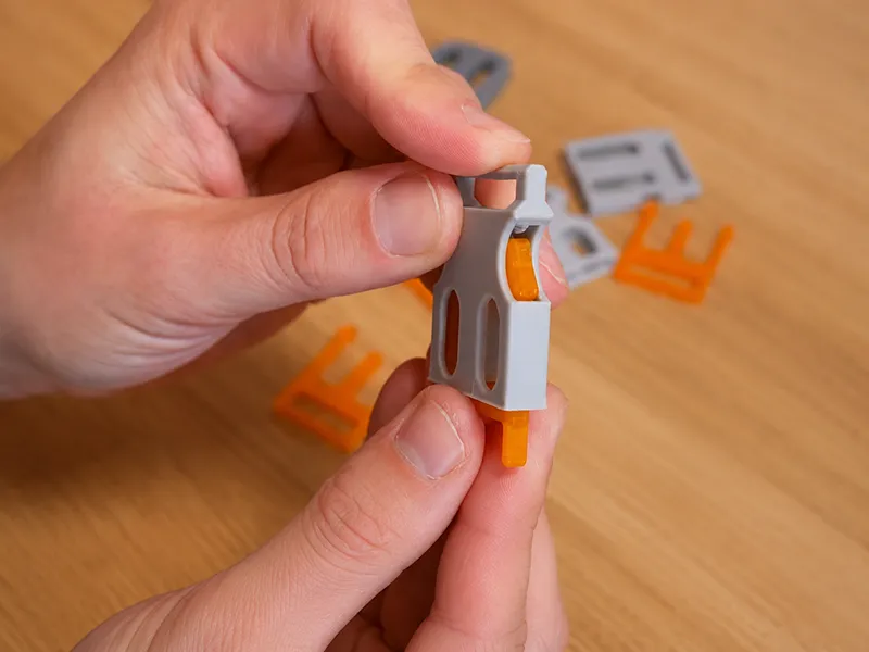 Close-up of hands holding a small plastic clip assembly part with orange insert