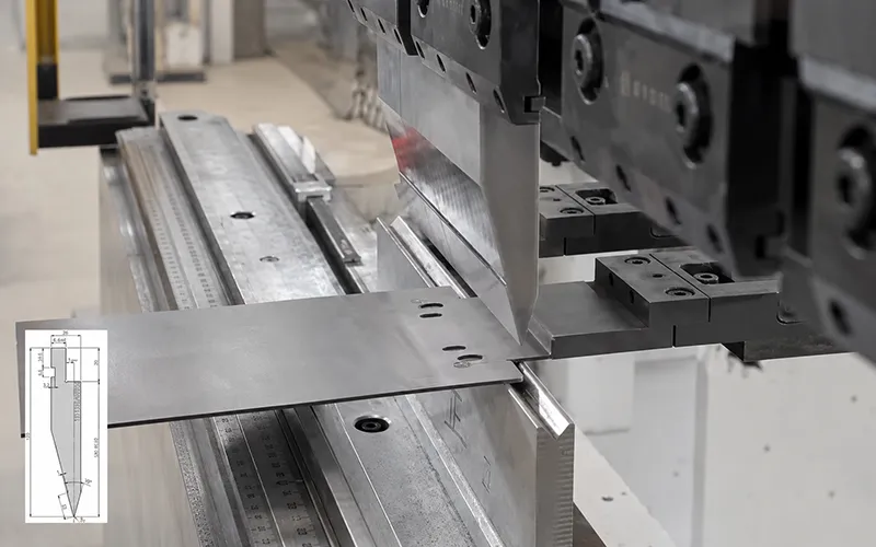 Press brake bending operation on a sheet metal part in a manufacturing workshop
