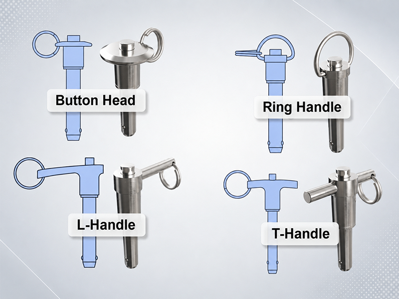 Comparison of button head, ring handle, L-handle, and T-handle quick release pins