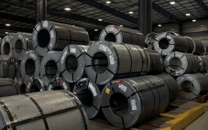 Stacked steel sheet metal coils stored in an industrial warehouse