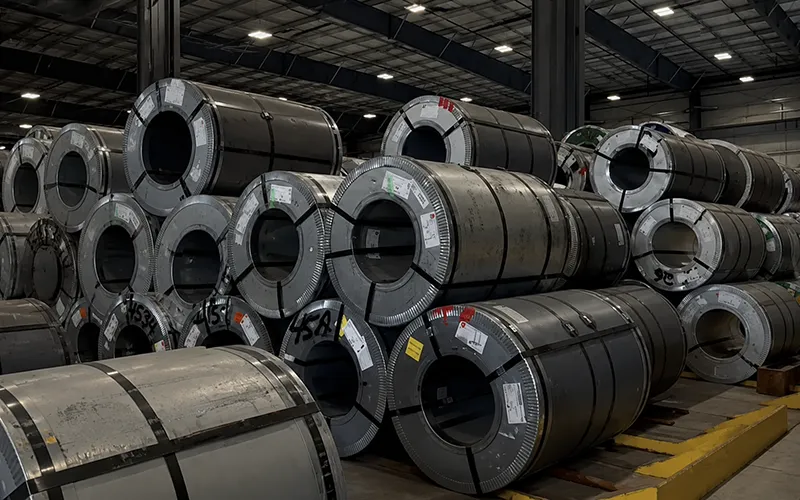 Stacked steel sheet metal coils stored in an industrial warehouse
