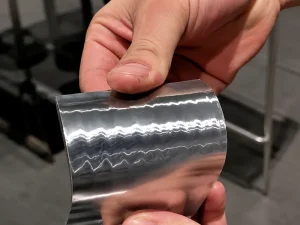 Hand holding a thin reflective metal sheet sample for industrial material inspection
