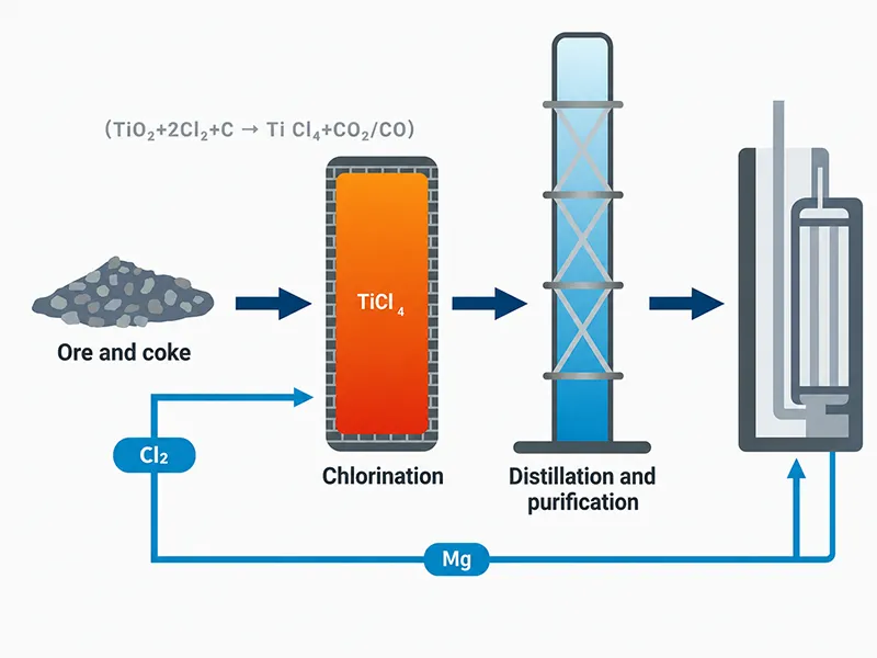 Kroll process flow diagram for producing titanium metal from titanium ore