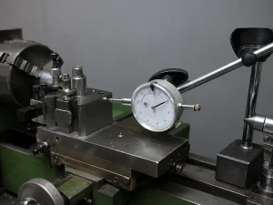 Dial indicator measuring lathe tool position during machining setup