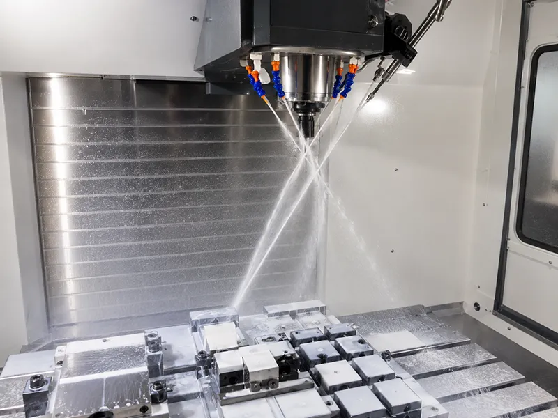 Multiple coolant nozzles flooding a workpiece during CNC milling