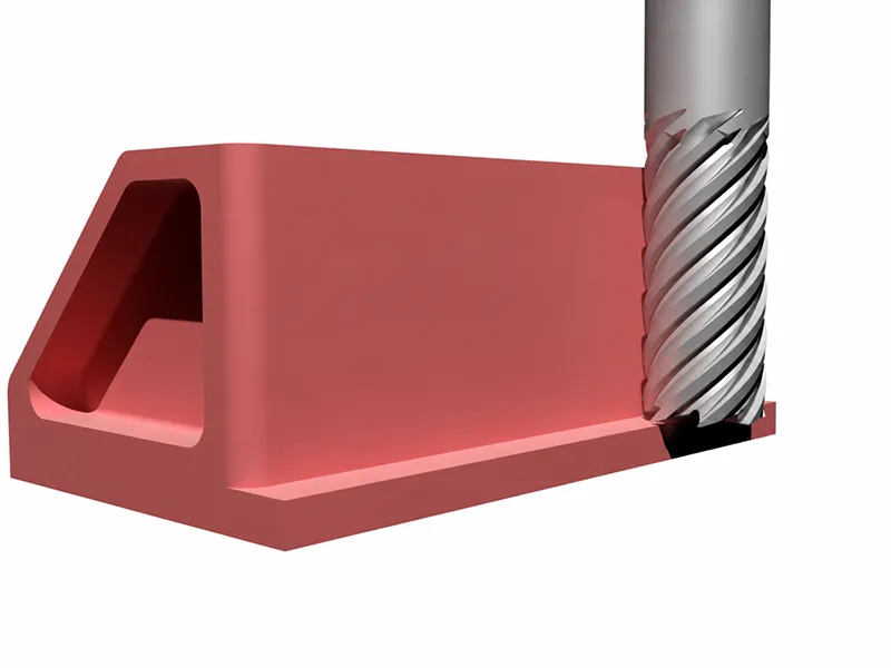 Side milling cutter removing material along the edge of a machined part