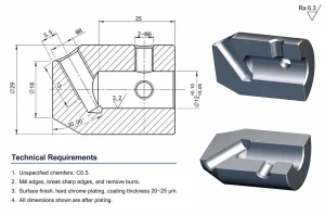 CNC machining design drawing showing dimensions and machined part views