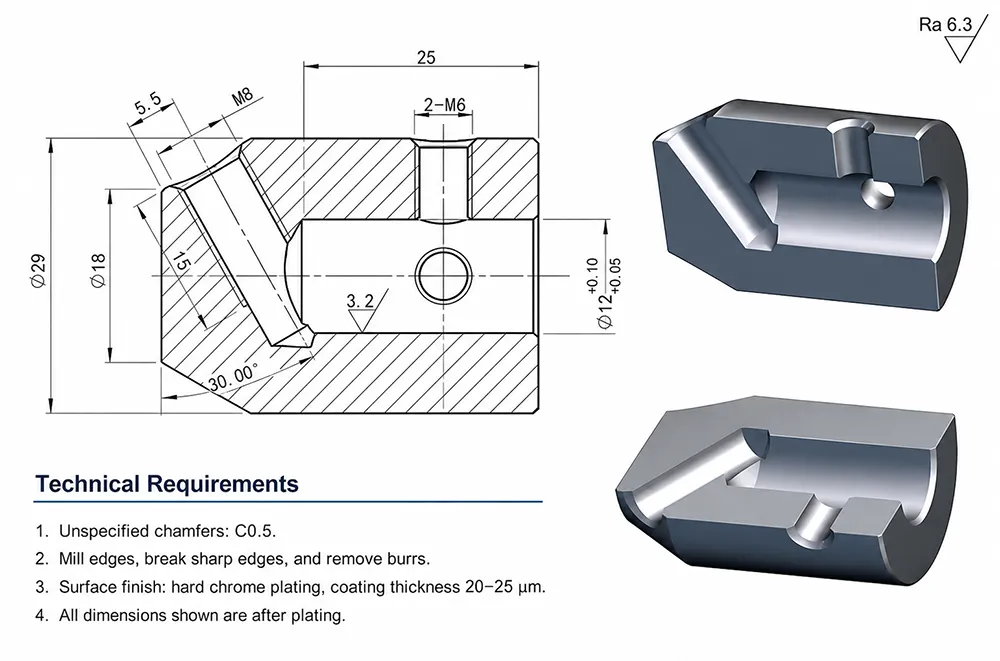 CNC machining design drawing showing dimensions and machined part views