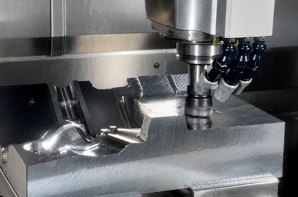 CNC machining design part being milled on a CNC machining center