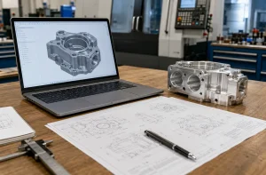 CNC machining quote requirements with CAD model, drawing, and machined part