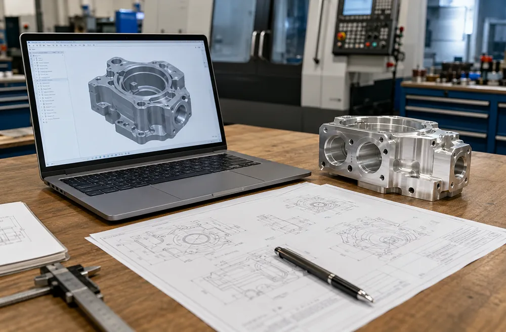 CNC machining quote requirements with CAD model, drawing, and machined part