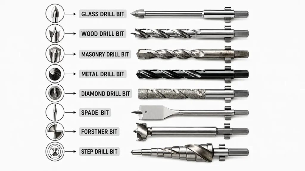 Eight common drill bit types for glass, wood, masonry, metal and Drill Size Chart