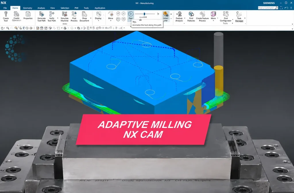 NX CAM milling simulation showing CNC toolpaths for a machined part