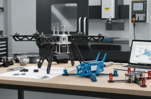 Drone frame prototypes and components on a workbench in a CNC machining workshop.