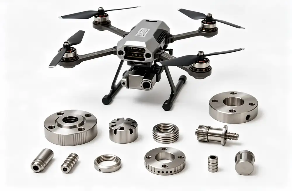 Quadcopter drone with CNC-machined metal parts, including flanges, adapters, and threaded fittings.