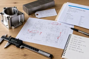 CNC machining quote review with engineering drawing and machined part