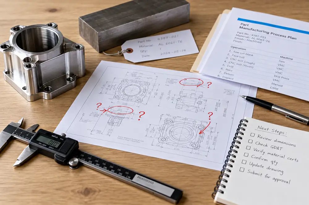 CNC machining quote review with engineering drawing and machined part