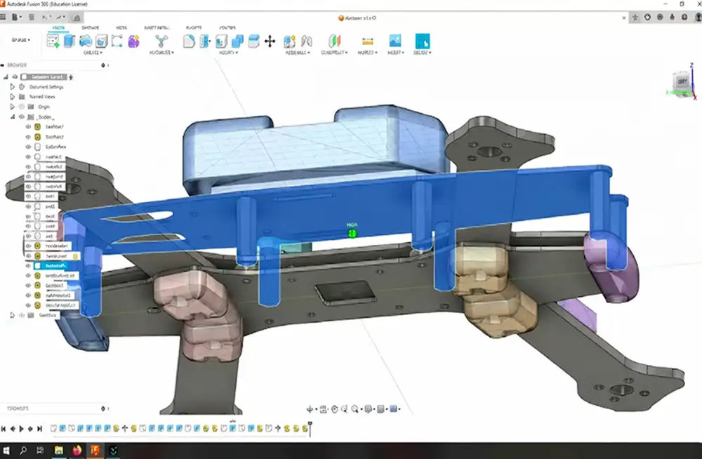 CAD model of a drone frame showing structural plates, arms, and mounting brackets.