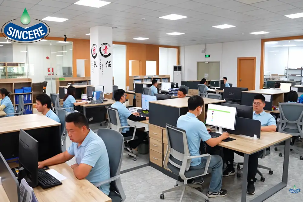 Online CNC machining engineering and sales team working in the office