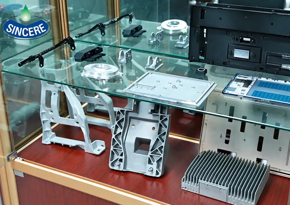 Metal brackets, electronic housings, and a finned heat sink displayed on shelves in a glass cabinet.