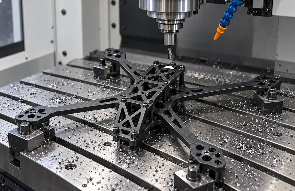 Lightweight drone frame with weight-saving cutouts secured on a CNC milling table beneath the spindle.